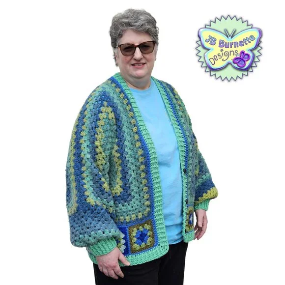Handmade Oversize Crochet Cardigan Green Blue Warm Sweater, BOHO Granny Squares - Picture 8 of 15